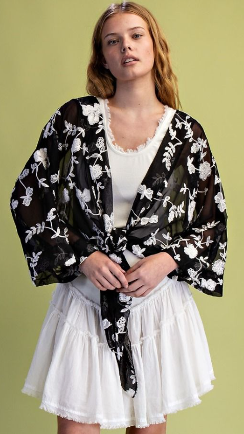 Dolman Sleeves Embroidered Tie Top Easel ST100025