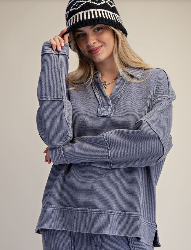 Textured Thermal Pullover Washed Denim Easel ET171627