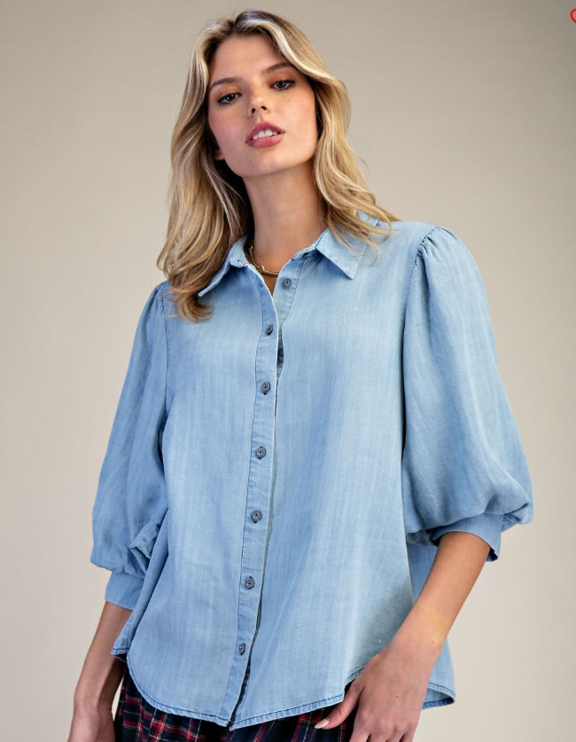 Lt Denim Bubble Sleeve Top Easel ET71922