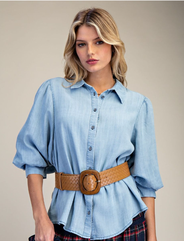 Lt Denim Bubble Sleeve Top Easel ET71922