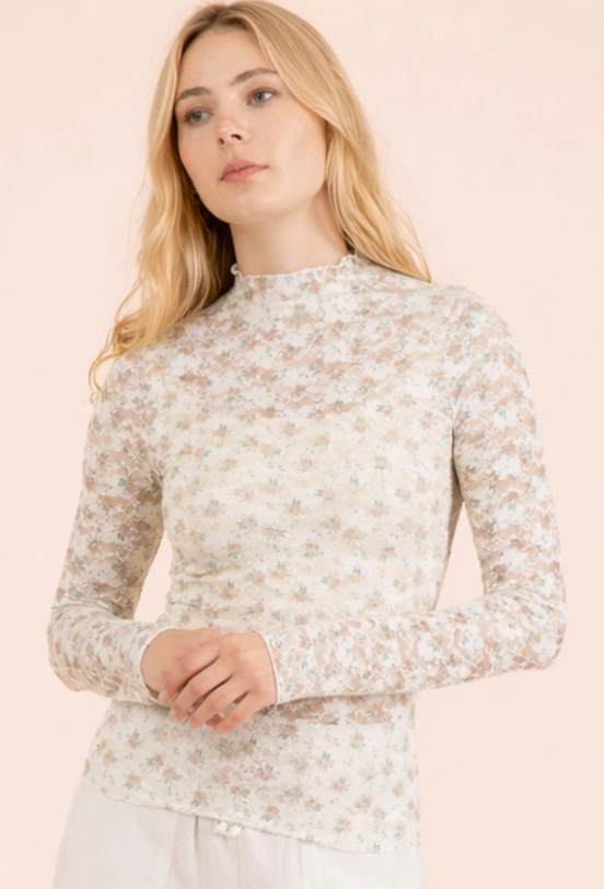 Sky Floral Leaf Sheer Long Sleeve Very J NT12220