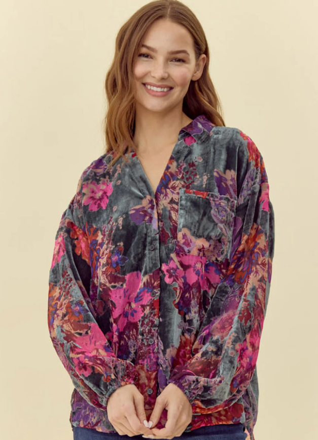 Moody Floral Velvet Button-Front Shirt