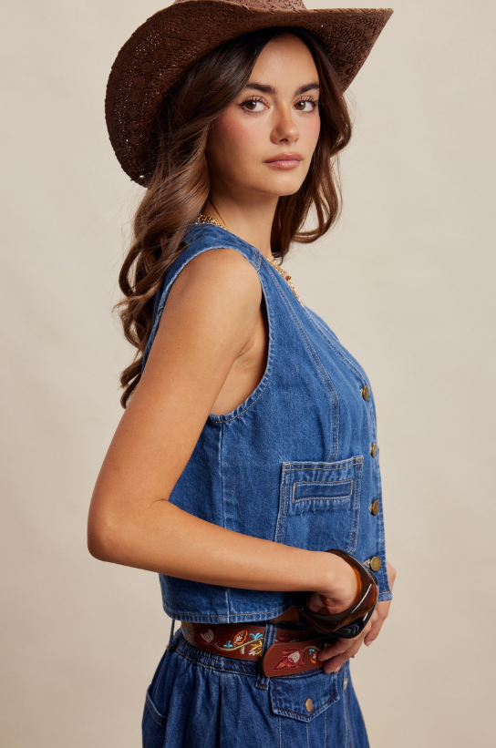 Button Front Denim Vest Washed Cobalt Listicle LVT031
