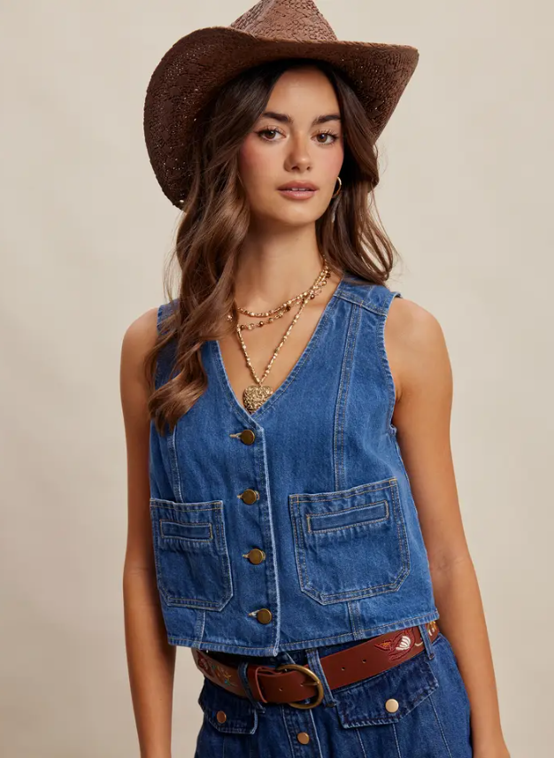 Button Front Denim Vest Washed Cobalt Listicle LVT031