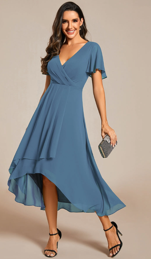 V Neck Chiffon Dress Dusty Navy Ever Pretty EG02088
