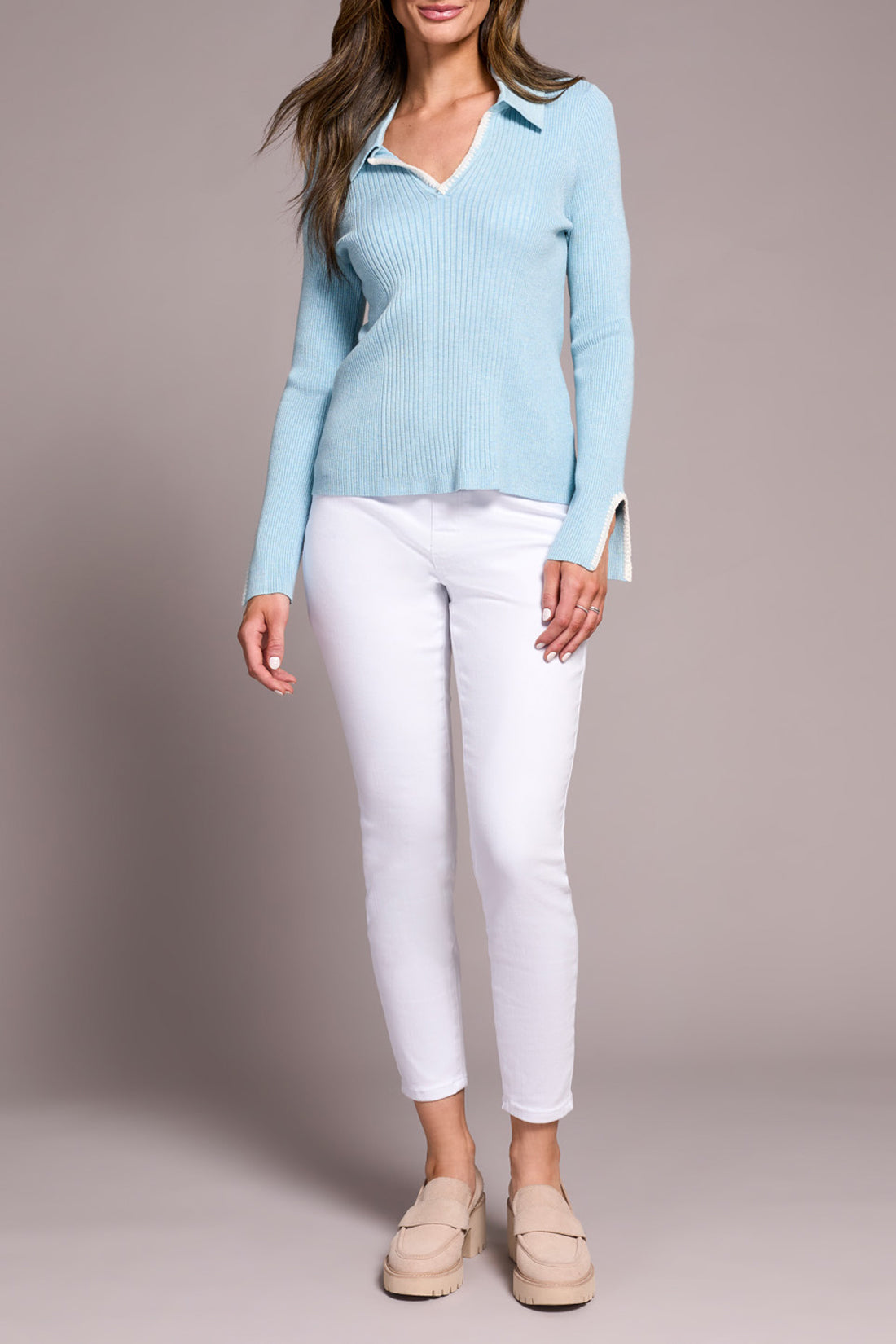 Aqua Polo Sweater With Blanket Stitch Tribal 2291O-835-3318