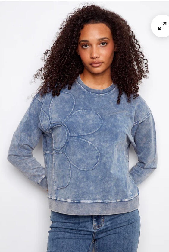 Long Sleeve Top with Denim Print Charlie B C1417-377C
