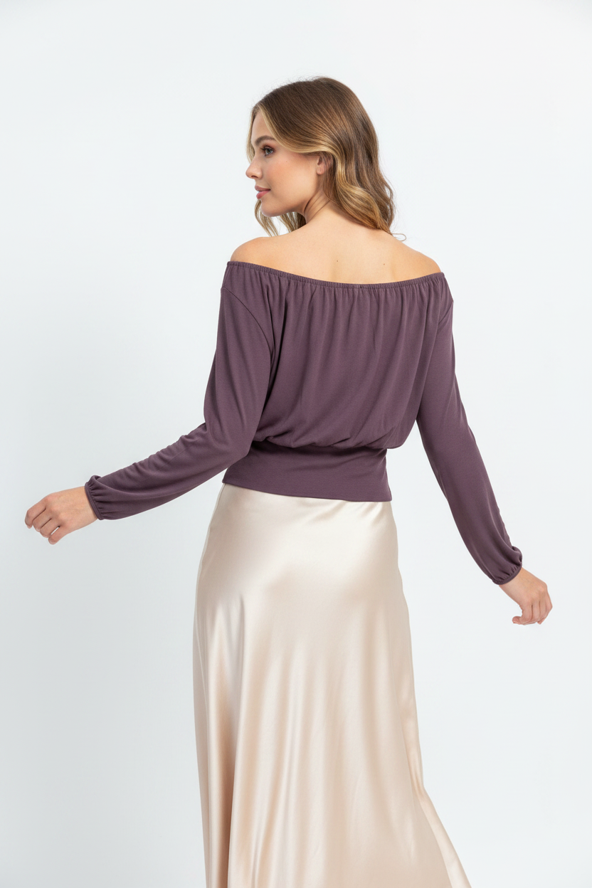 Deep Plum Solid Fitted Waist Top Eesome tk16532