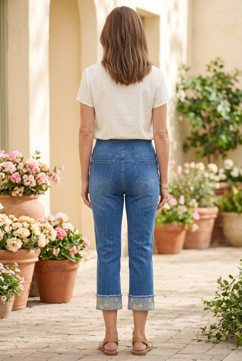Ethyl Floral Cuff Pull-On Capri Jeans Eythl P5MEDE