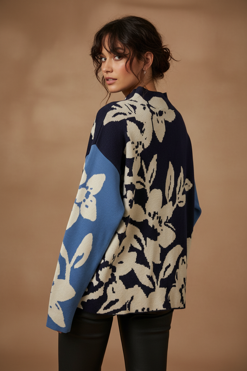Navy Floral Jacquard Mock-Neck Sweater Tribal 1542O-8012-0805