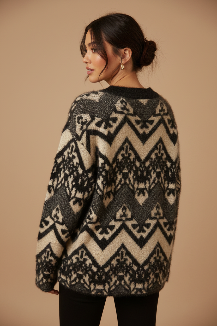 Black & Cream Chevron Fair Isle Fuzzy Sweater