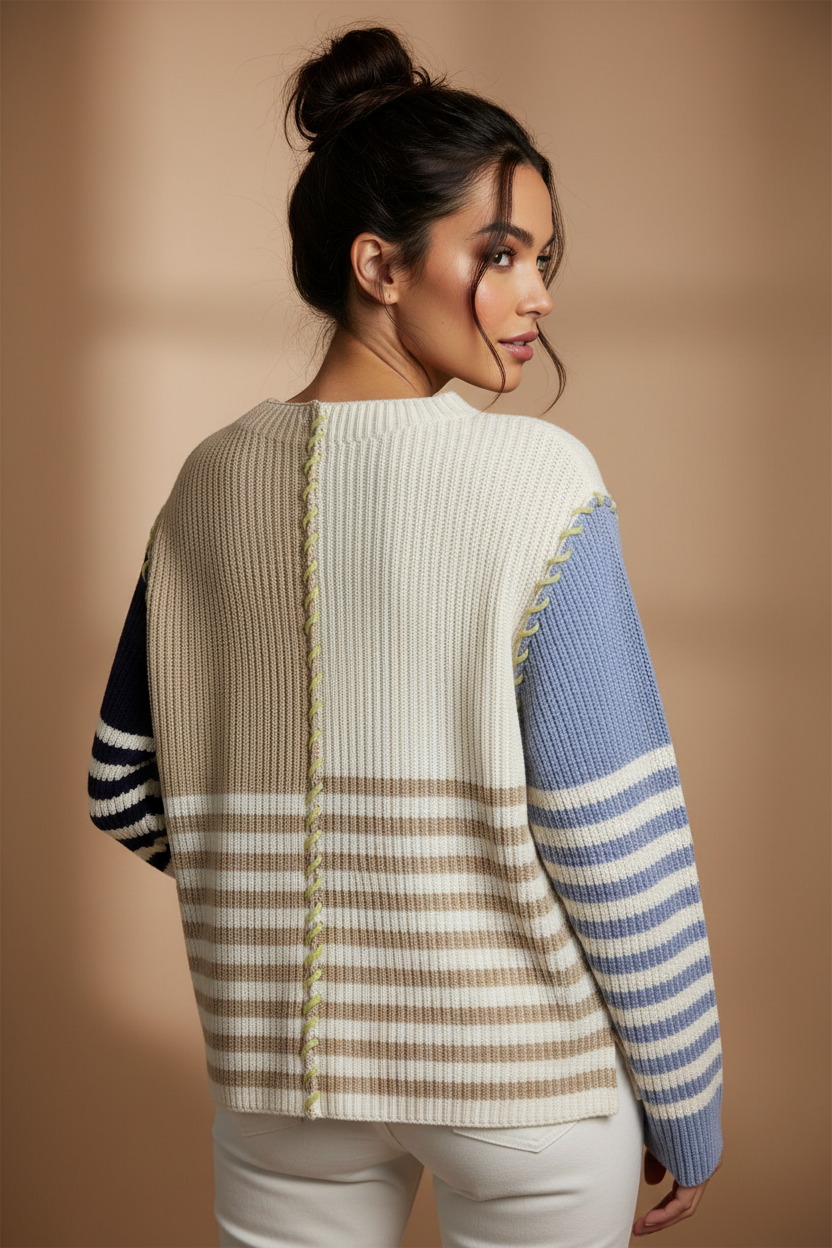 Navy & Blue Patchwork Whipstitch Sweater