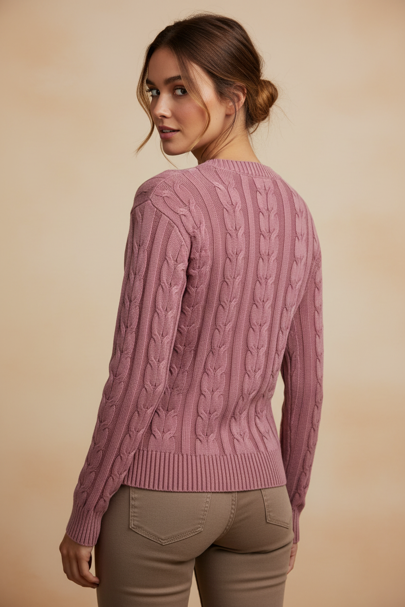 Dusty Rose Cable Knit V-Neck Sweater
