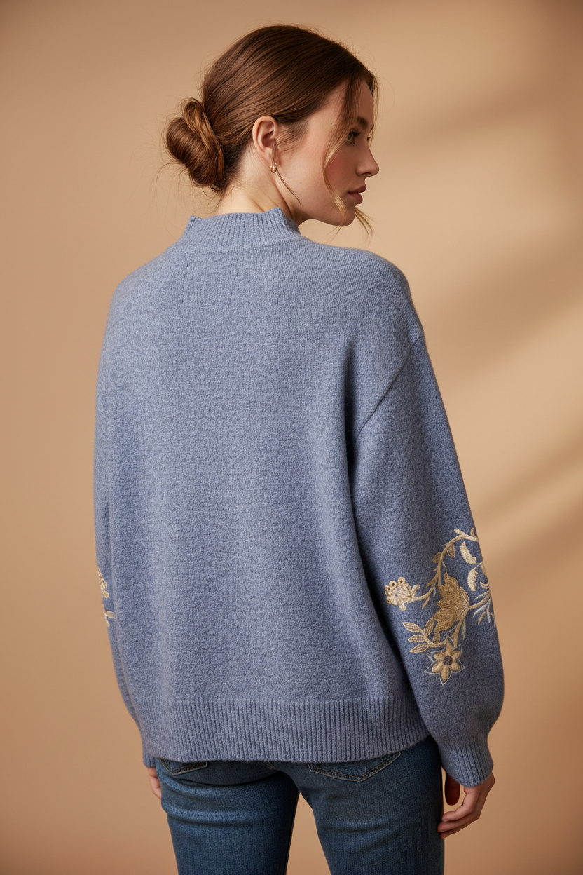 Periwinkle Floral Embroidered Mock-Neck Sweater