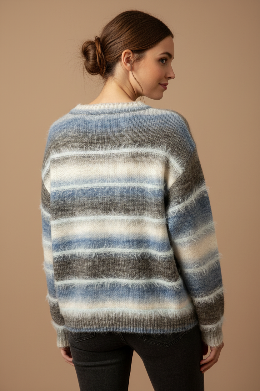 Blue & Grey Eyelash Stripe V-Neck Sweater