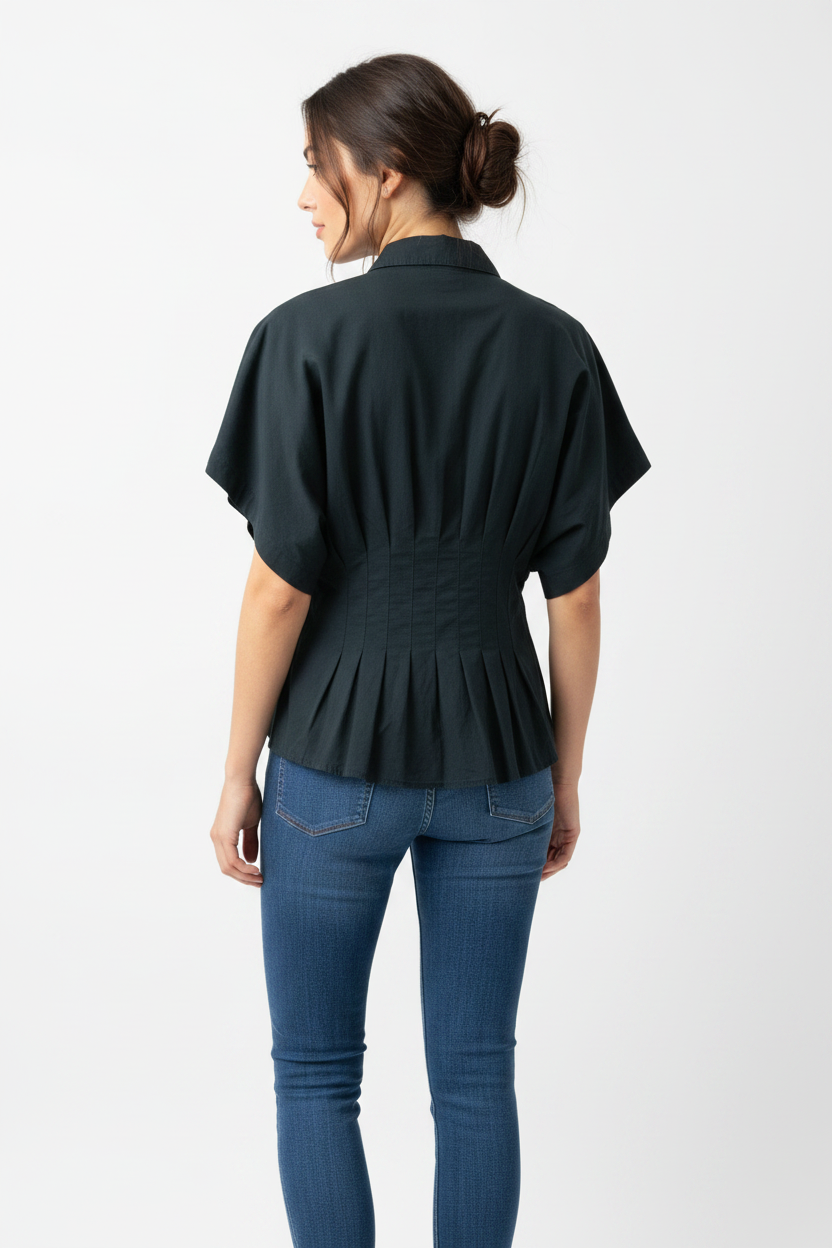 Ash Black Button Down Pleated Blouse Ee:some tk16396