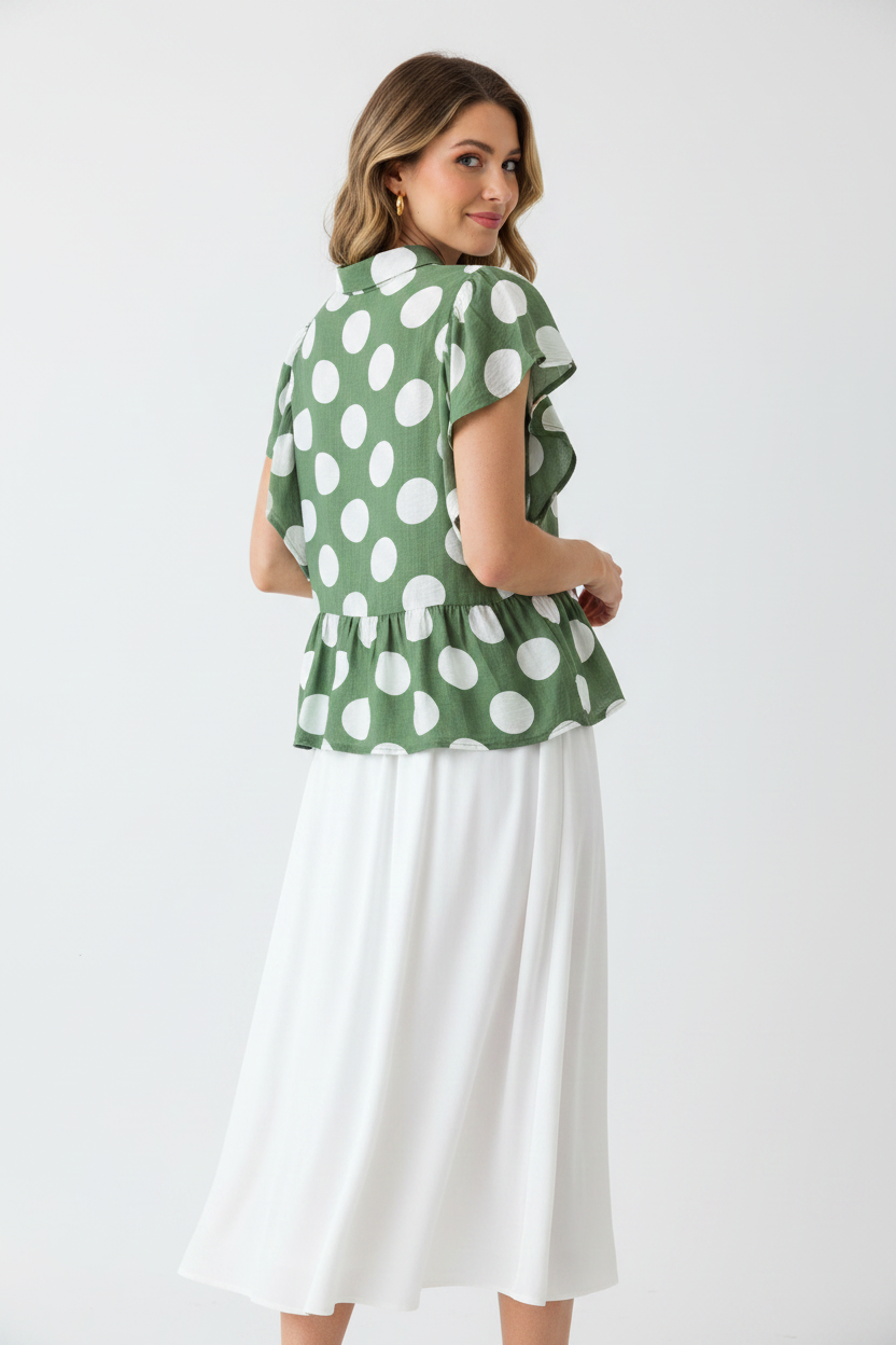 Easel ET29424 Oversized Dot Button-Down Ruffle Blouse