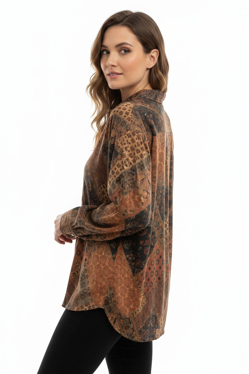 Multicolor Brown and Red Easel Button Up et30185