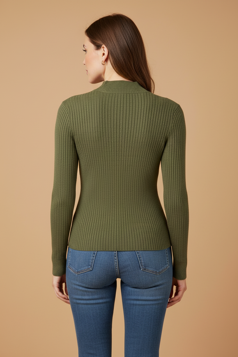 Olive Ribbed Mock-Neck Sweater Active sw13730