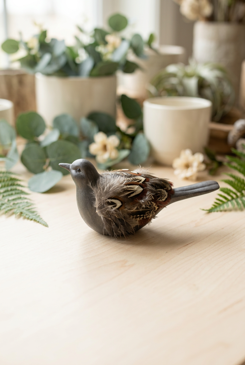Hand Decorated Melrose Bird with Brown/Black/Maroon Feathers 92050