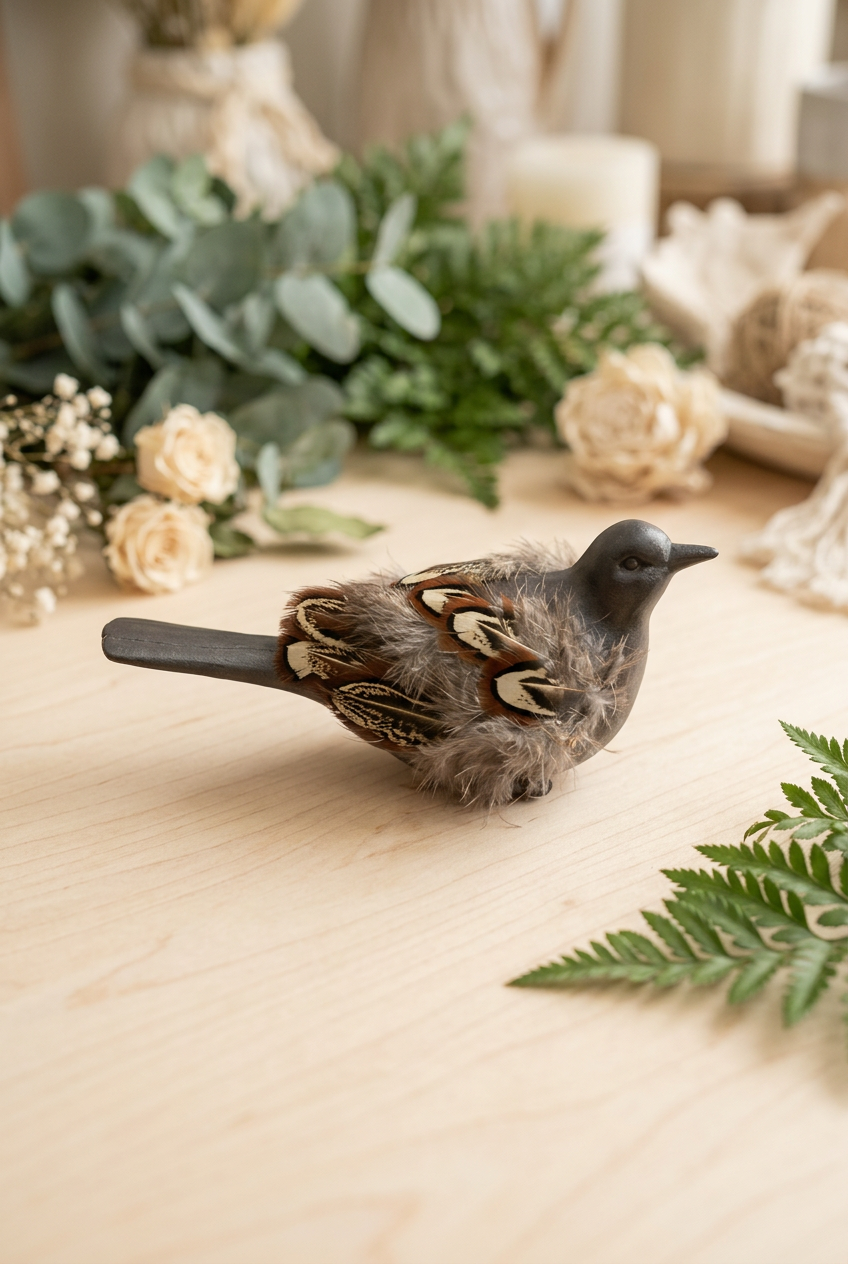 Hand Decorated Melrose Bird with Brown/Black/Maroon Feathers 92050