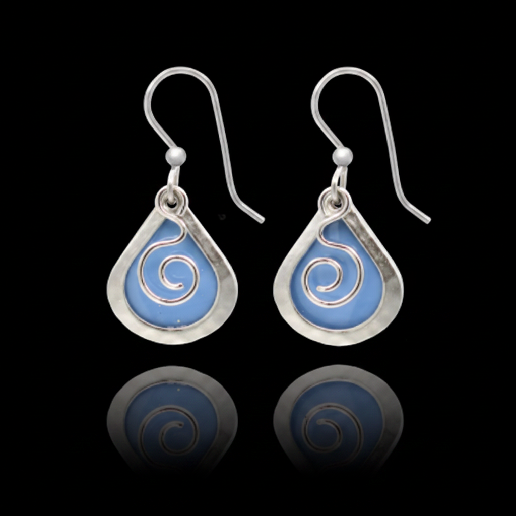 Blue Enamel Swirl Teardrop Drop Earrings - Black Background