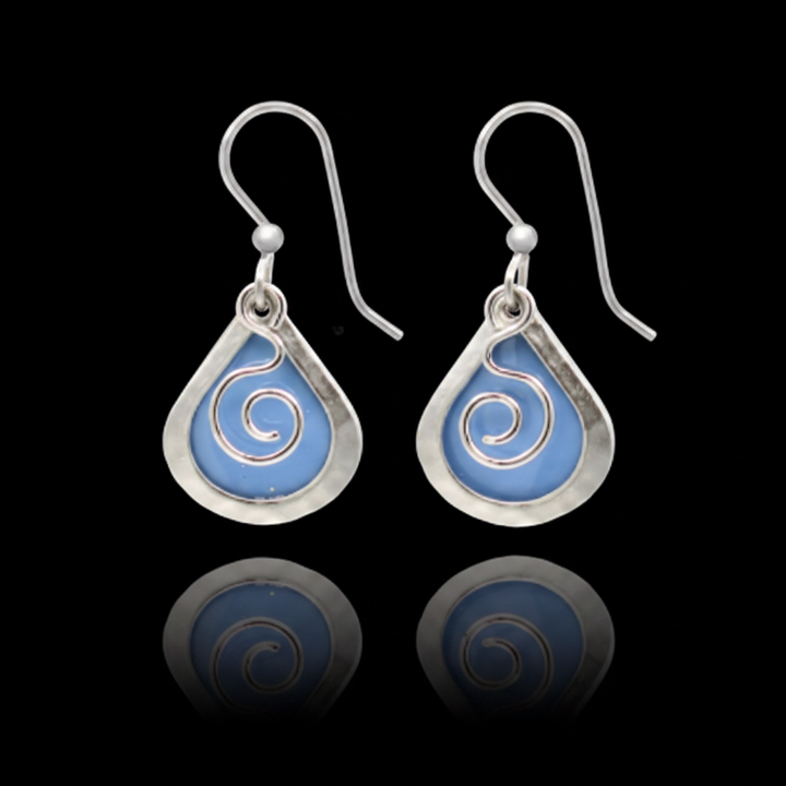 Blue Enamel Swirl Teardrop Drop Earrings - Black Background