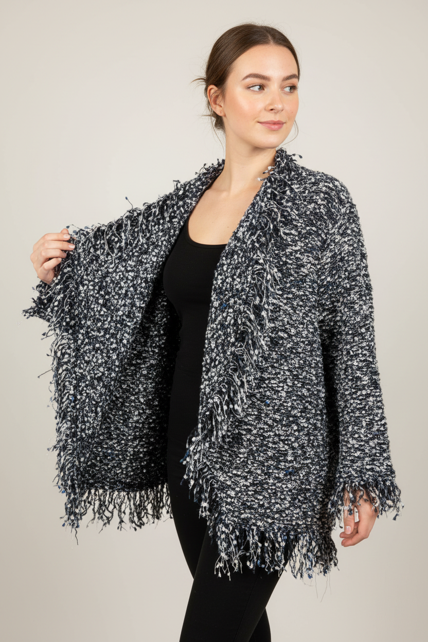 Boucle Open Front Fringe Cardigan Black White Blue Ethyl