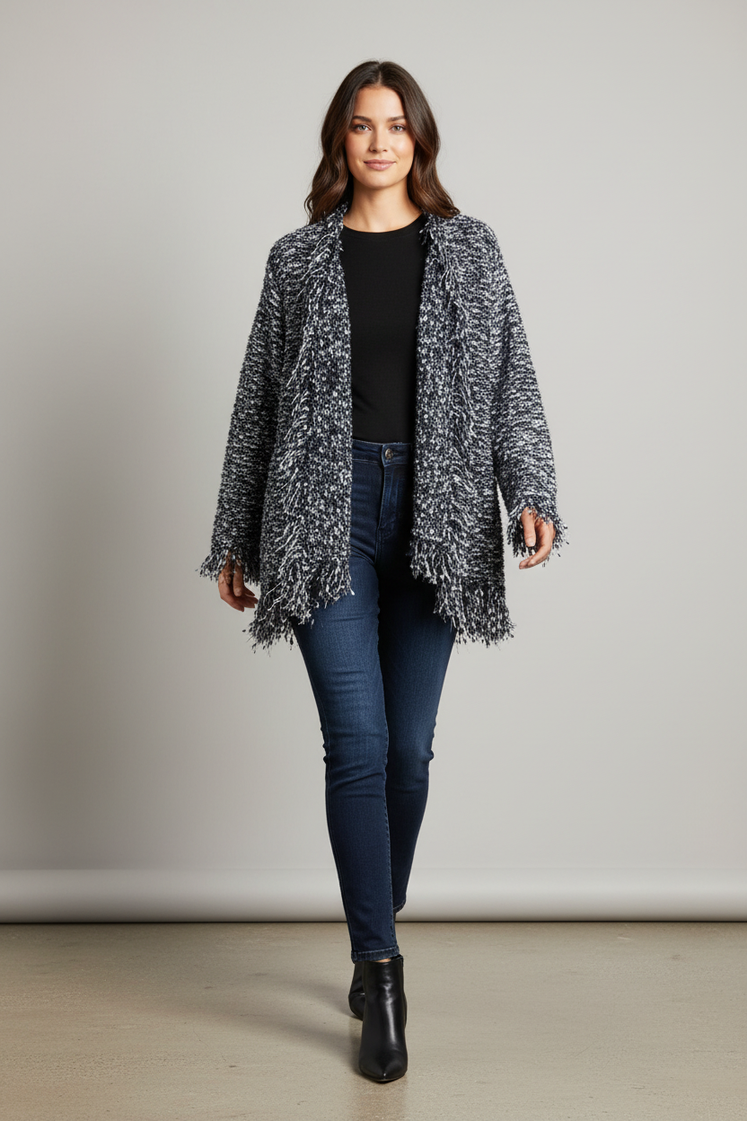 Boucle Open Front Fringe Cardigan Black White Blue Ethyl