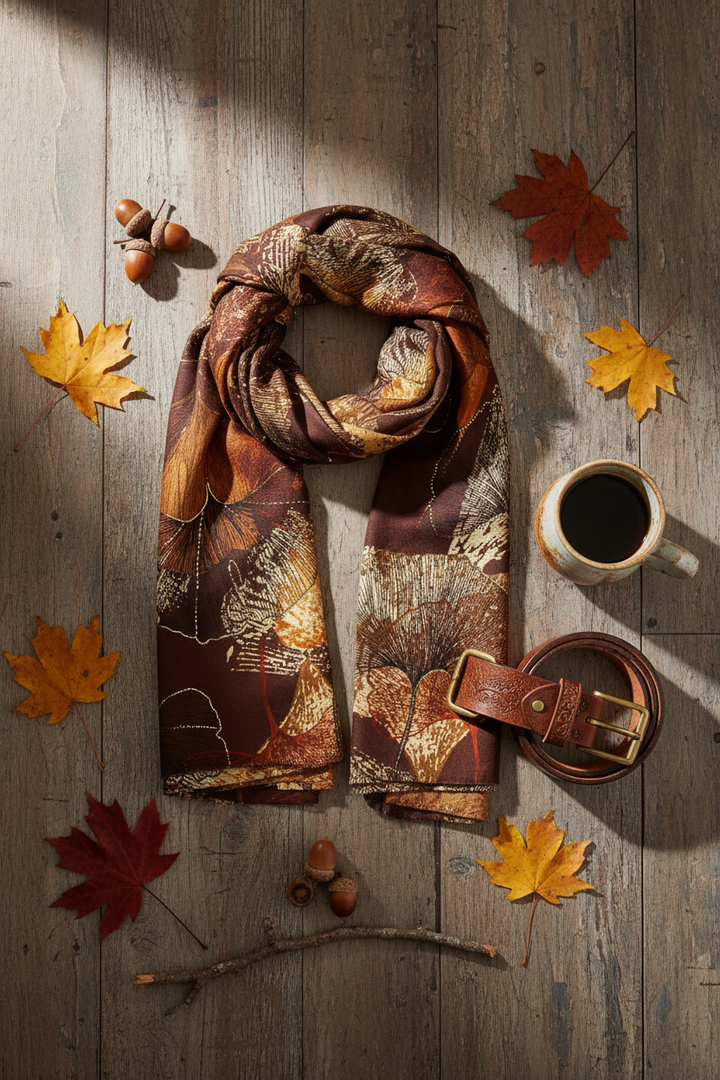 Brown Ginkgo Scarf - Flat Lay