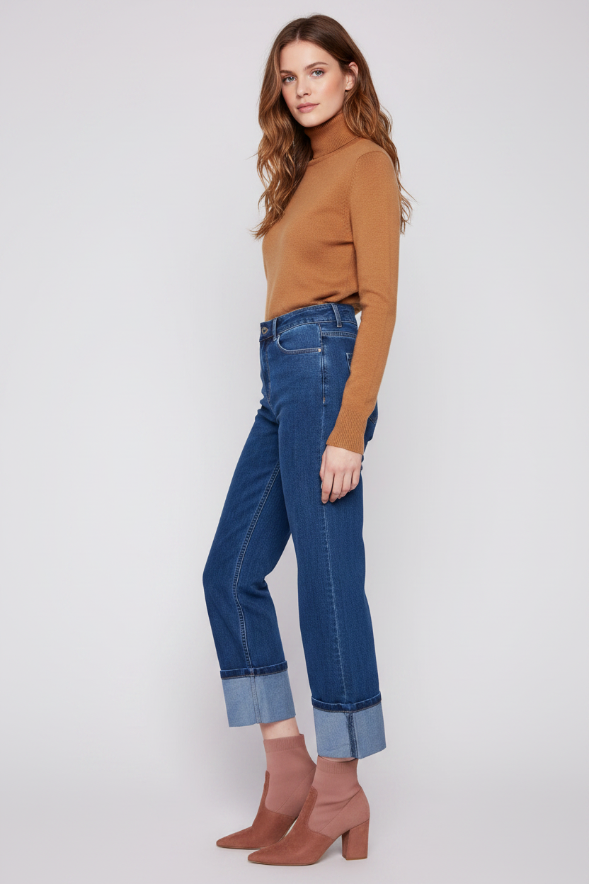 Indigo Wide Cuff Straight Leg Denim Pants Charlie B C5670-431A