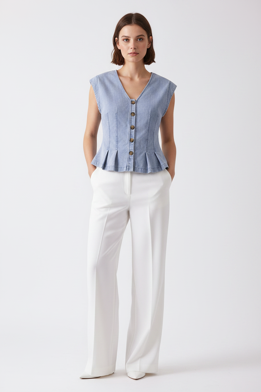 Pleated Washed Denim Vest Very J VJT80089