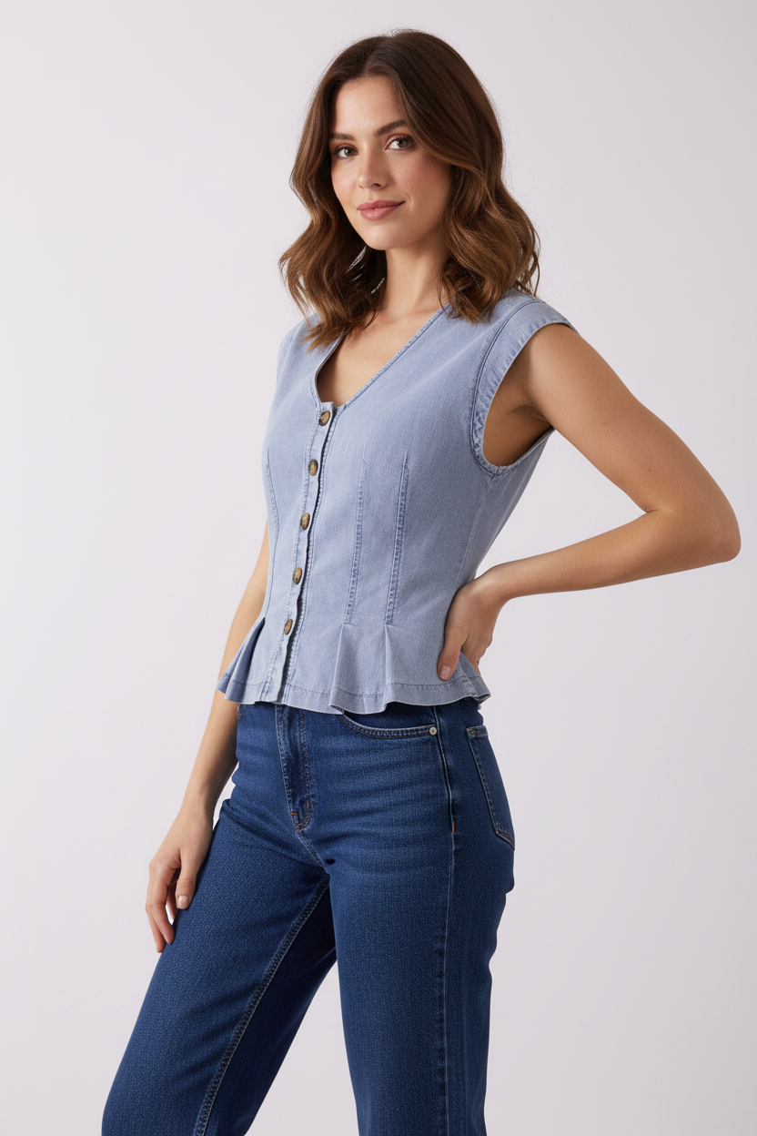 Pleated Washed Denim Vest Very J VJT80089