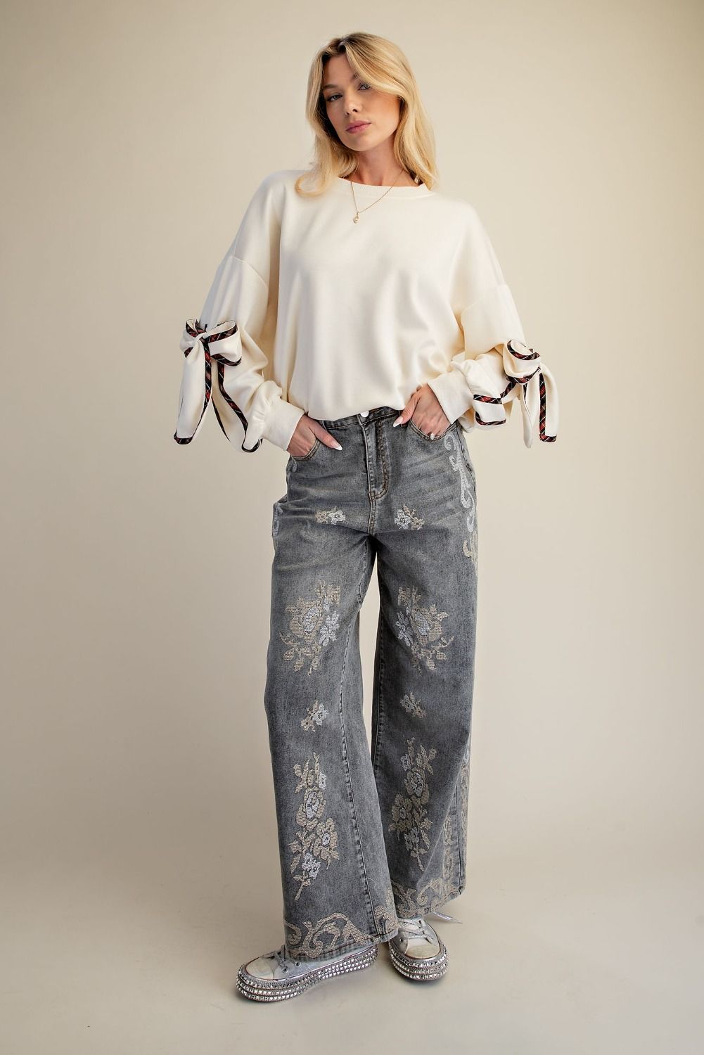 Grey Acid Wash Rhinestone Floral Wide Leg Jeans Easel EB41678