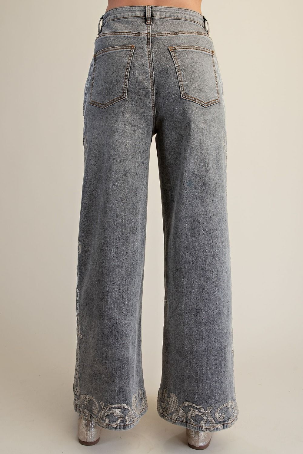 Grey Acid Wash Rhinestone Floral Wide Leg Jeans Easel EB41678
