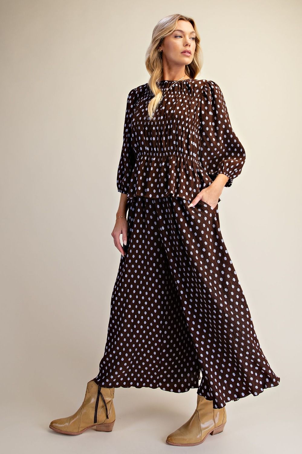 Dark Brown Wide-Leg Pants with Cream Dot Print Easel EB50066