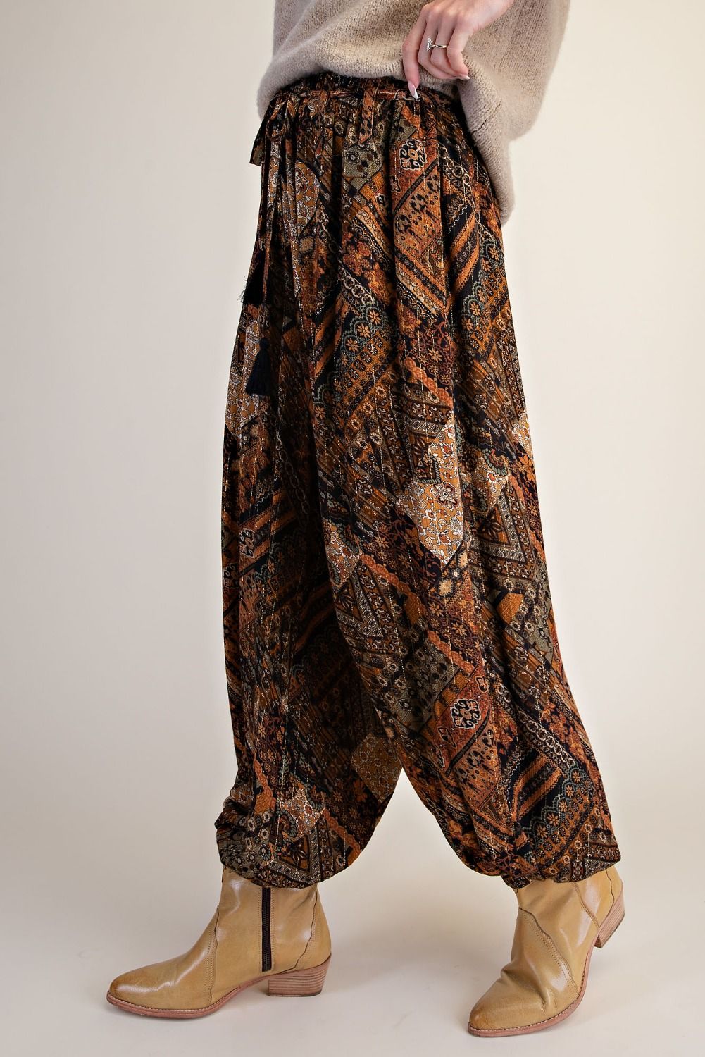 Black & Yellow Patchwork Printed Rayon Pants Easel eb58177