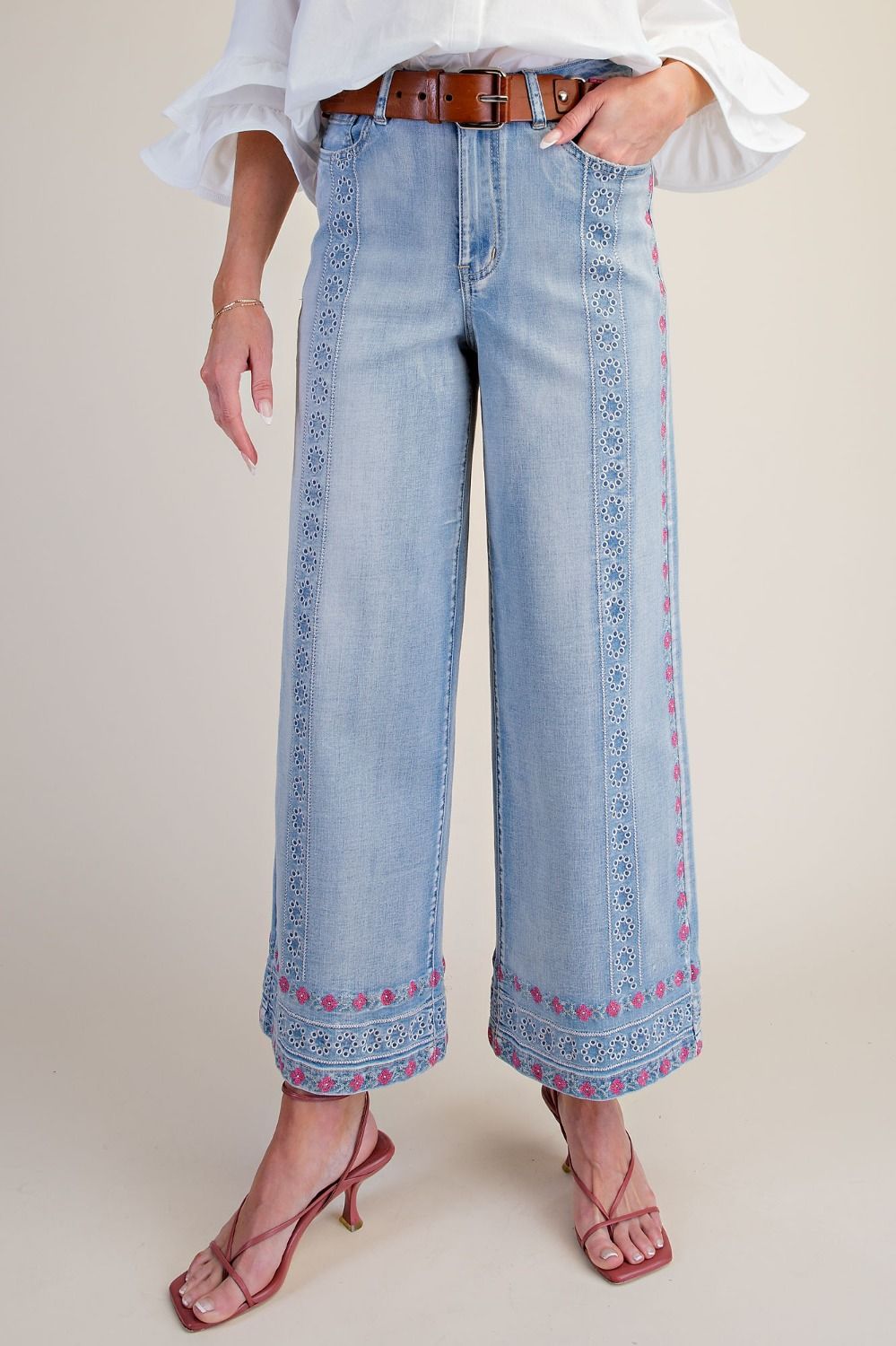 Emboidery Enzyme Washed Stretch Denim Pants Easel EB58289