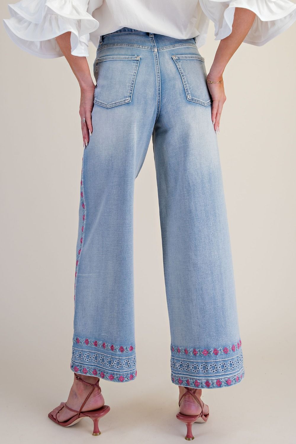 Emboidery Enzyme Washed Stretch Denim Pants Easel EB58289