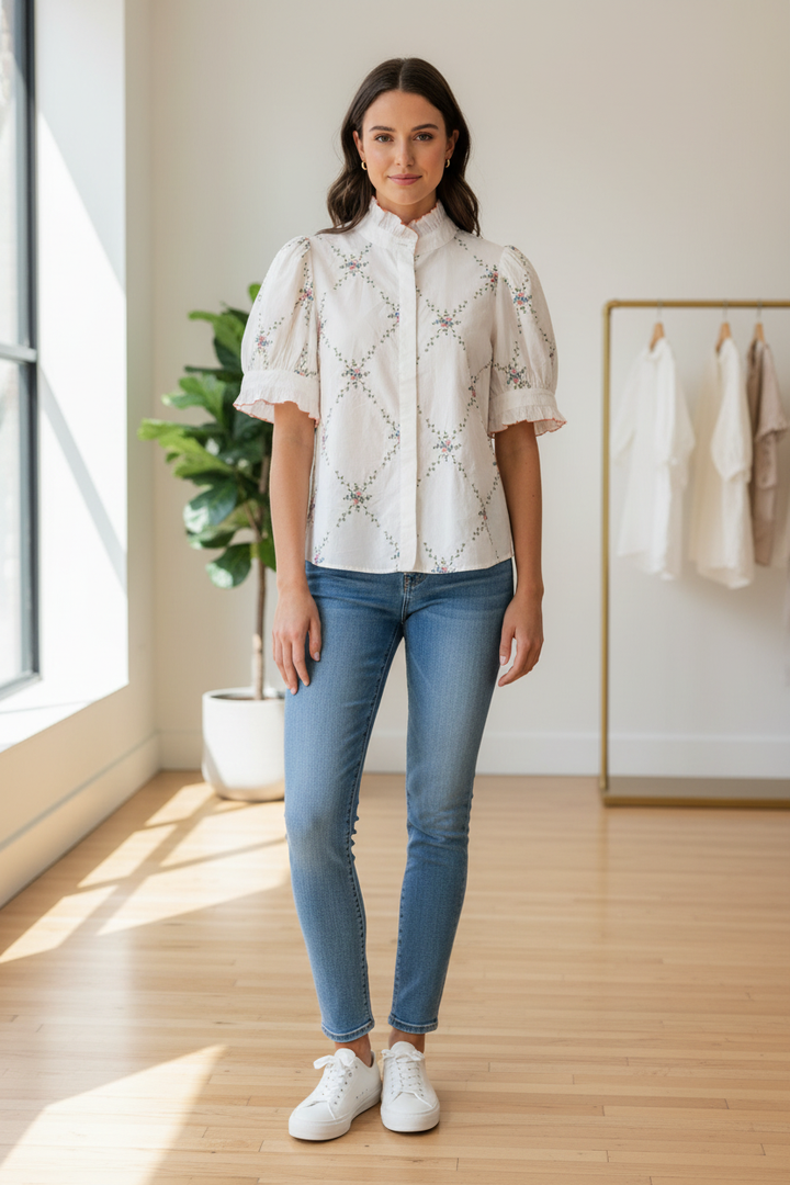 Embroidered Floral Lattice Blouse FT0032 on Model