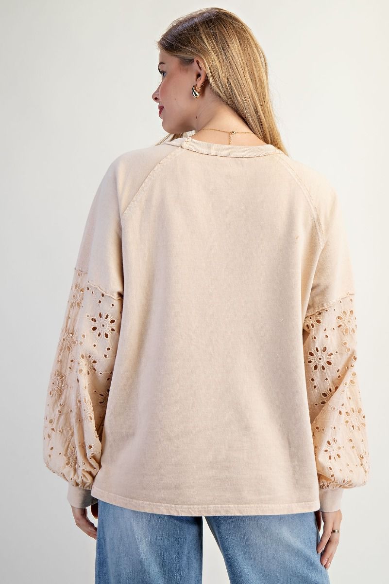 Easel ET18945 Eyelet Lace Washed Terry Pullover