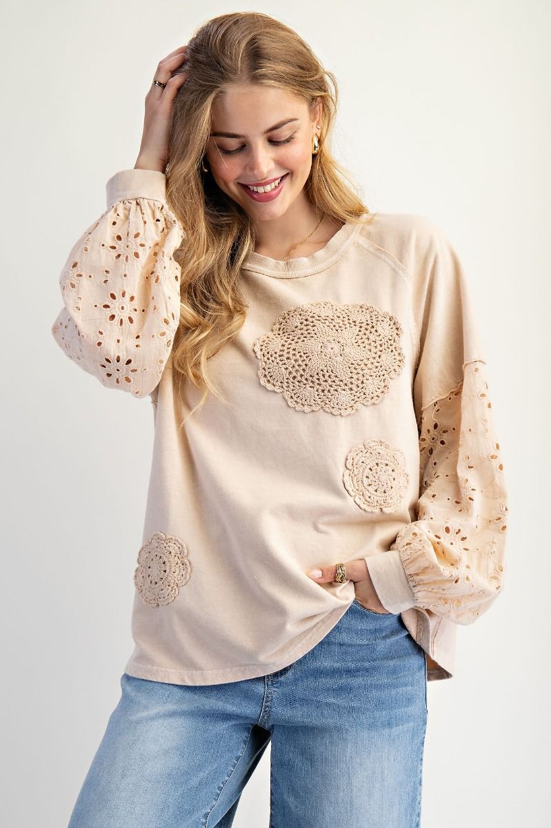Easel ET18945 Eyelet Lace Washed Terry Pullover