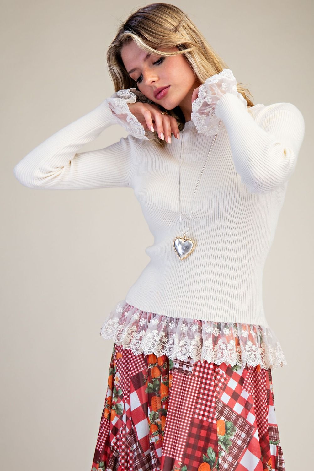 Easel ET19000 Lace Hem Knitted Sweater Top