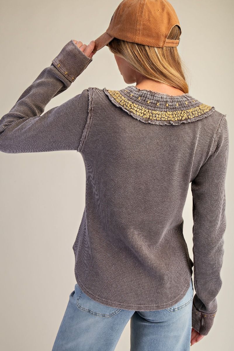 Mocha Mousse Long Sleeve Embroidered Neckline Top Easel 26178
