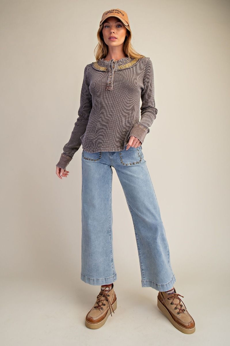 Mocha Mousse Long Sleeve Embroidered Neckline Top Easel 26178