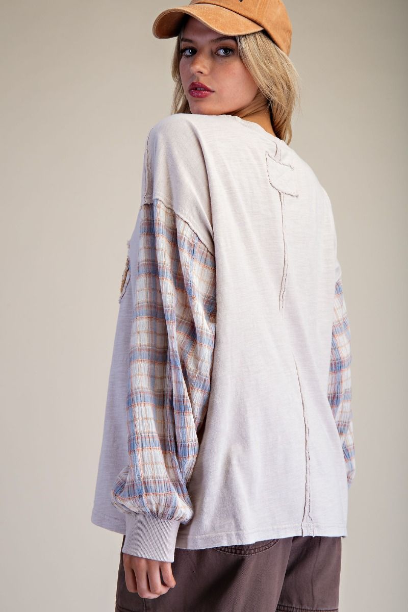 Pastel Plaid & Floral Long Sleeve Top Easel Et26724