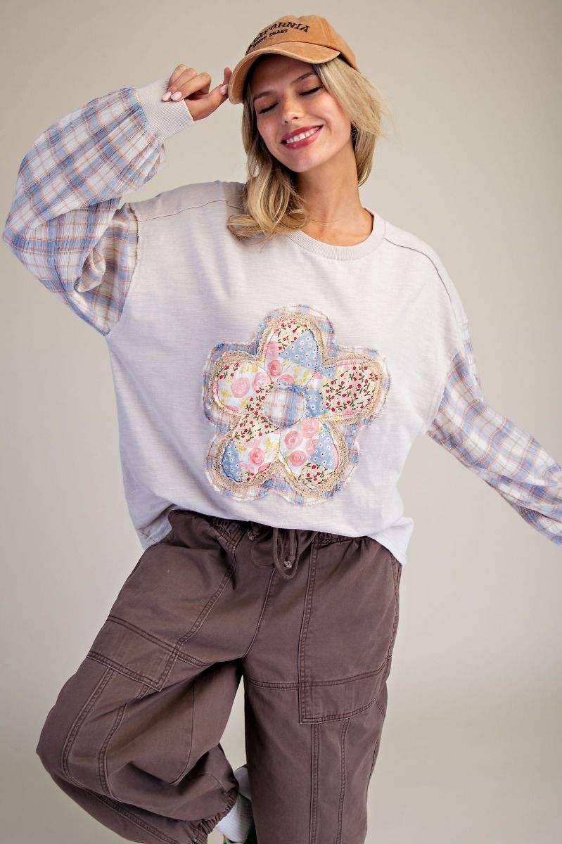 Pastel Plaid & Floral Long Sleeve Top Easel Et26724
