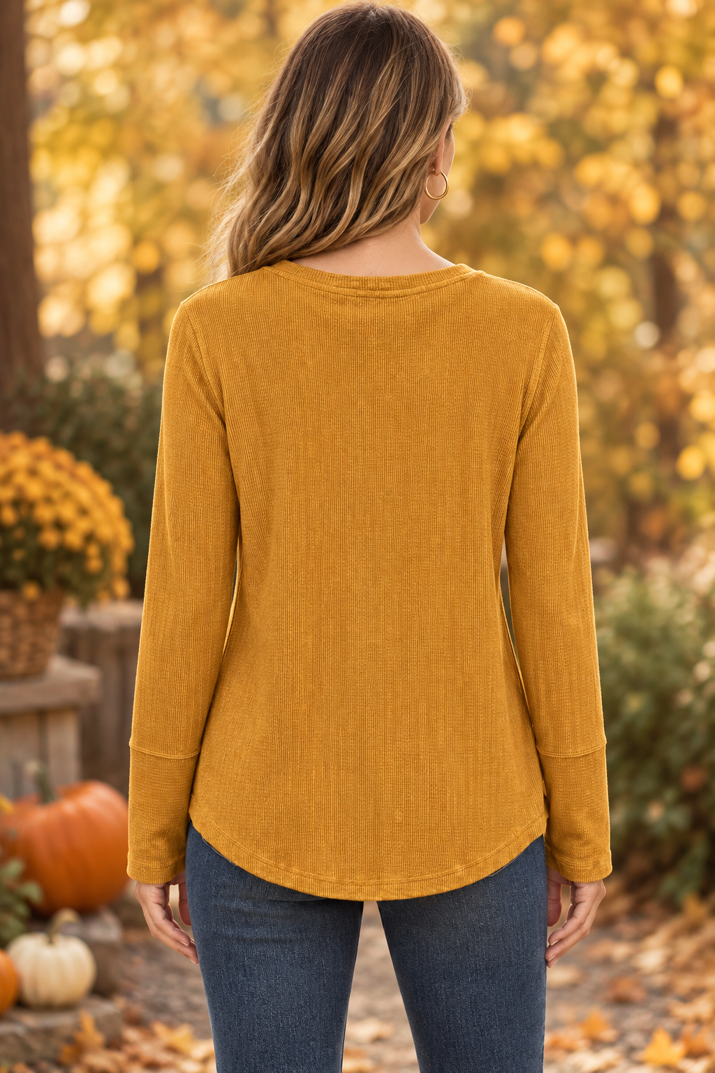 Tribal Mustard Gold Button-Front Textured Long Sleeve Top Tribal 7858O-4811-2993