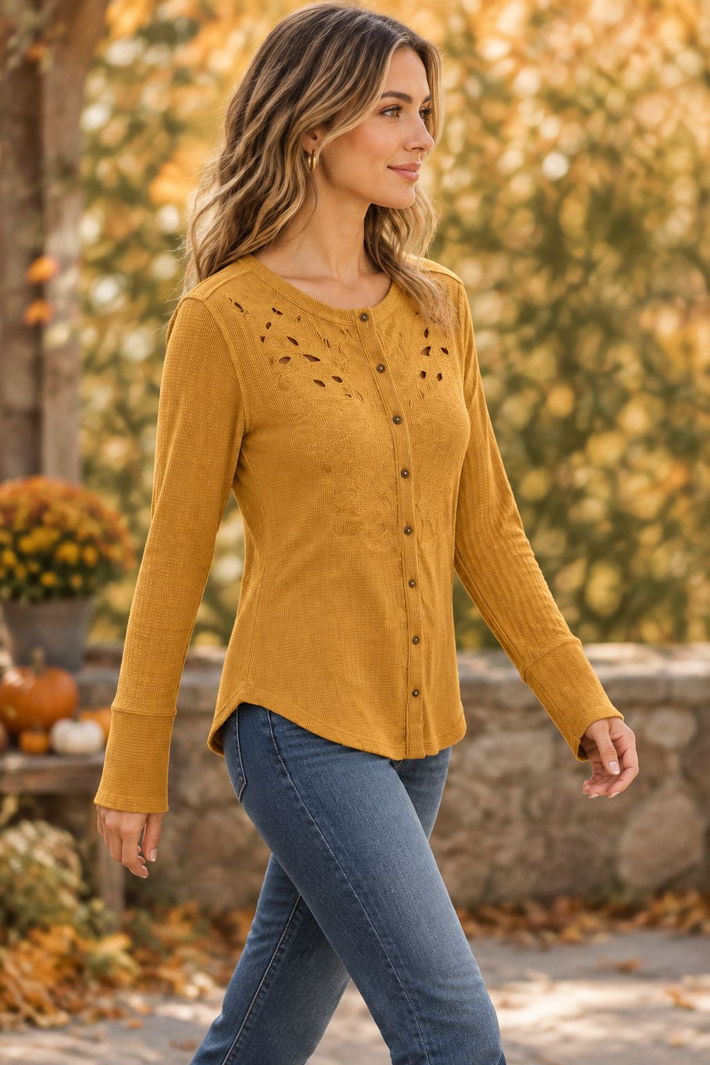 Tribal Mustard Gold Button-Front Textured Long Sleeve Top Tribal 7858O-4811-2993