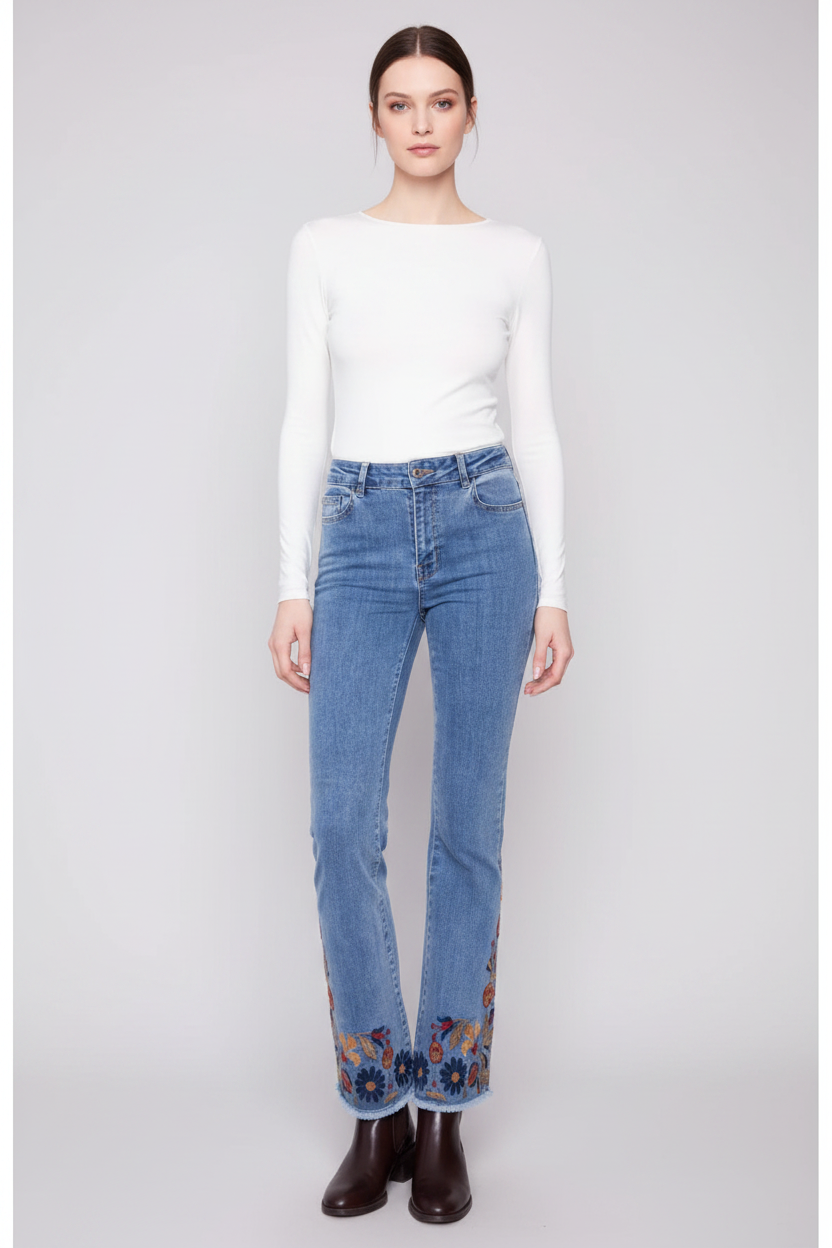 Denim Pants with Colorful Embroidery Charlie B C5667-431A